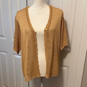 Golden tan Short Sleeve Knit Cardigan, 1 button closure. Perfect for those cool